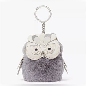 Kate Spade Hoot 3D Owl Faux Fur Coin Purse Keychain Grey NWT